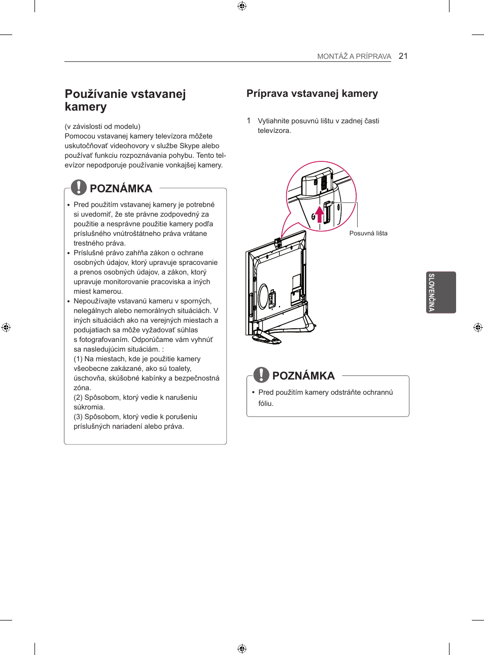 Používanie vstavanej kamery, Poznámka, Príprava vstavanej kamery | LG 42LA860V User Manual | Page 193 / 516