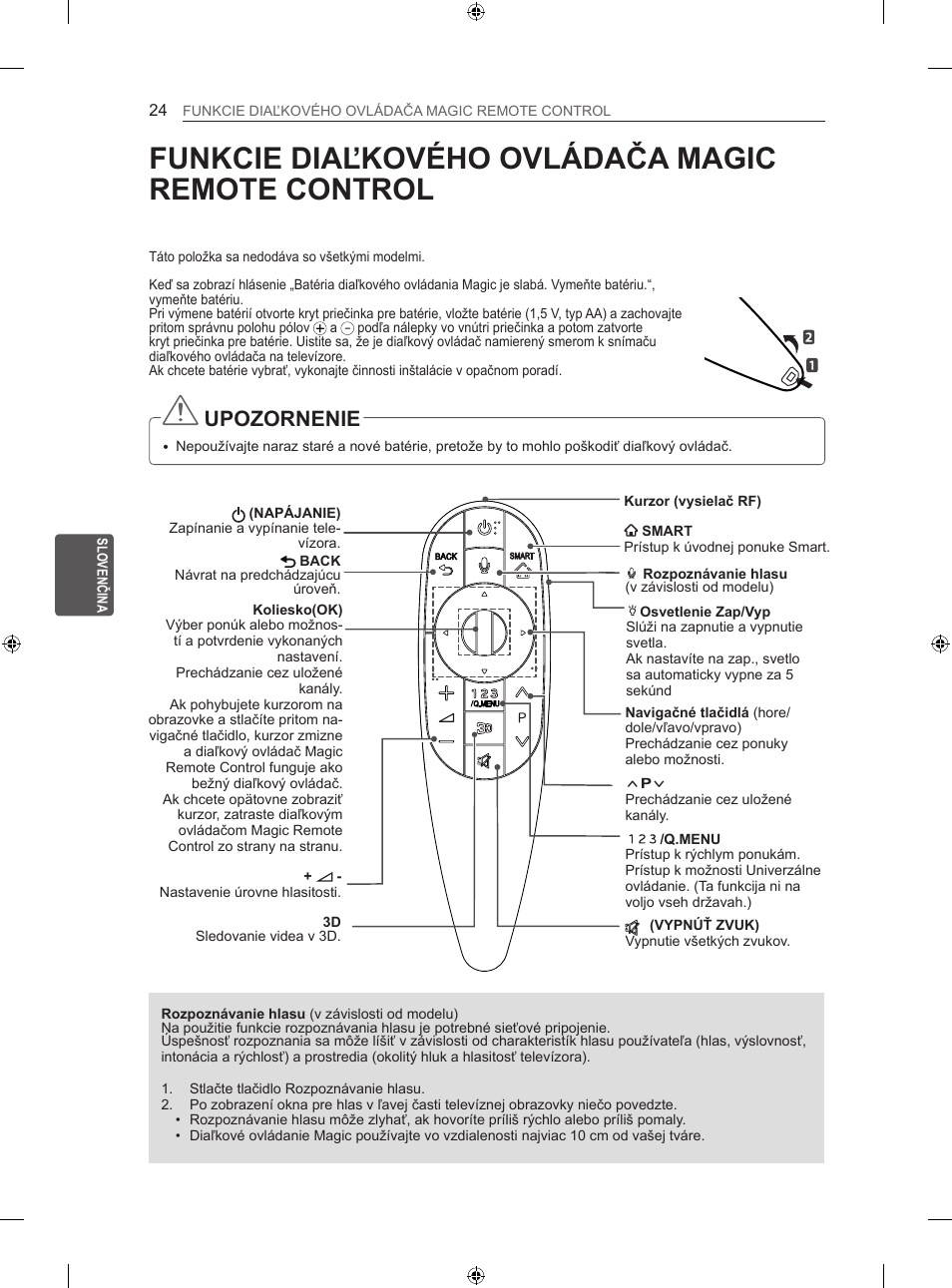 Funkcie diaľkového ovládača magic remote control, Upozornenie | LG 42LA860V User Manual | Page 196 / 516