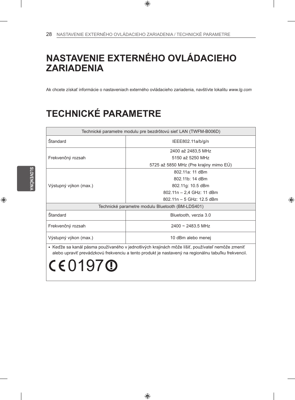 Technické parametre, Nastavenie externého ovládacieho zariadenia | LG 42LA860V User Manual | Page 200 / 516