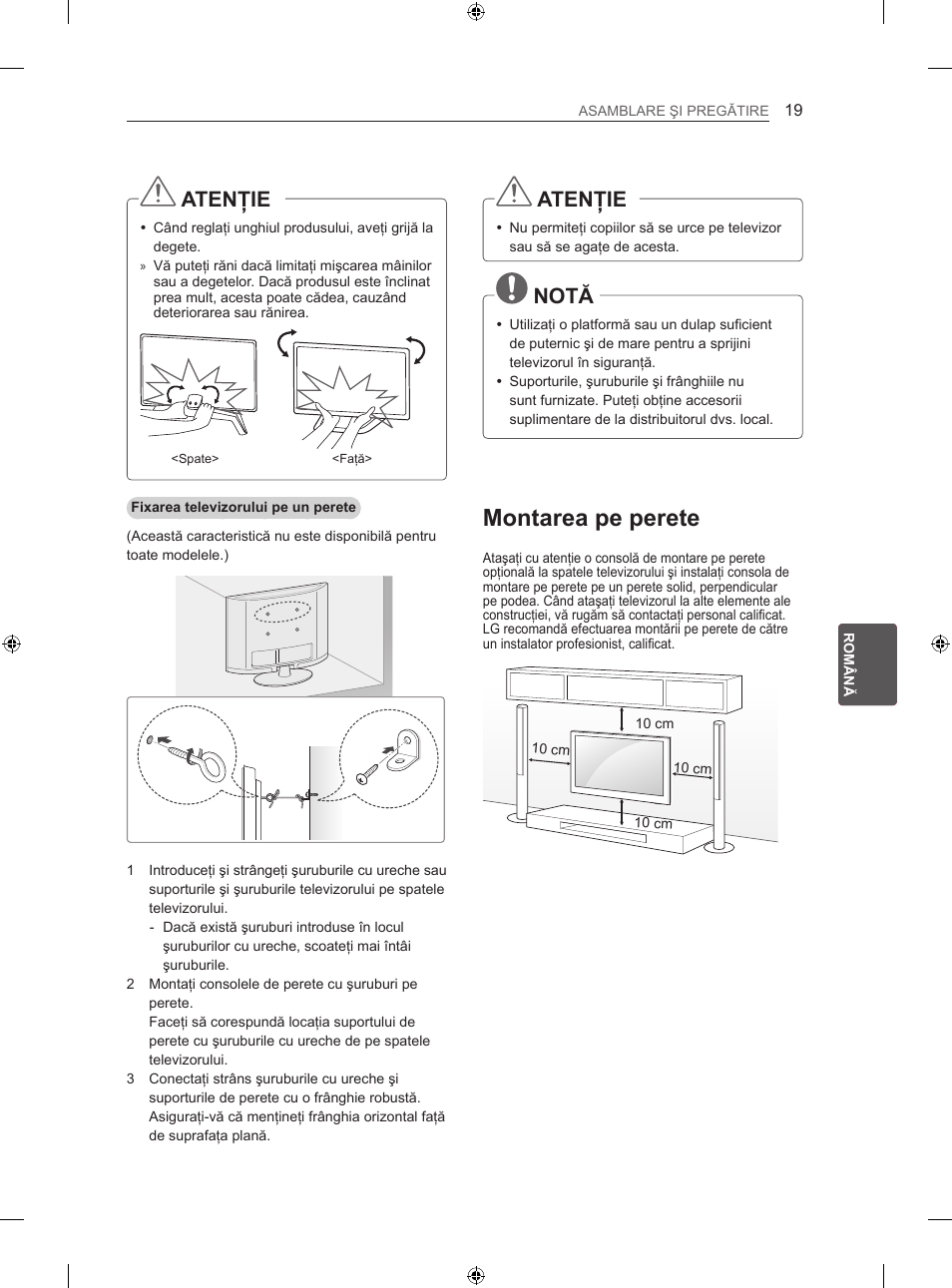 Montarea pe perete, Atenţie, Notă | LG 42LA860V User Manual | Page 219 / 516