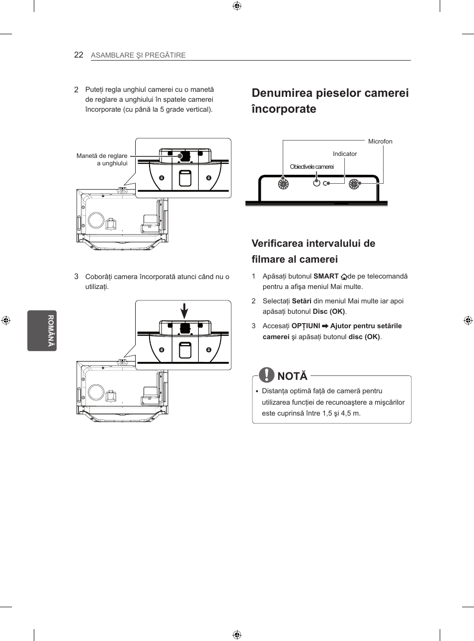 Denumirea pieselor camerei încorporate, Notă, Verificarea intervalului de filmare al camerei | LG 42LA860V User Manual | Page 222 / 516