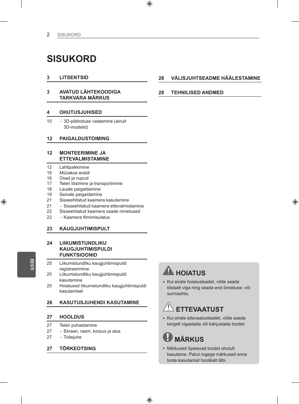 Sisukord, Hoiatus, Ettevaatust | Märkus | LG 42LA860V User Manual | Page 258 / 516