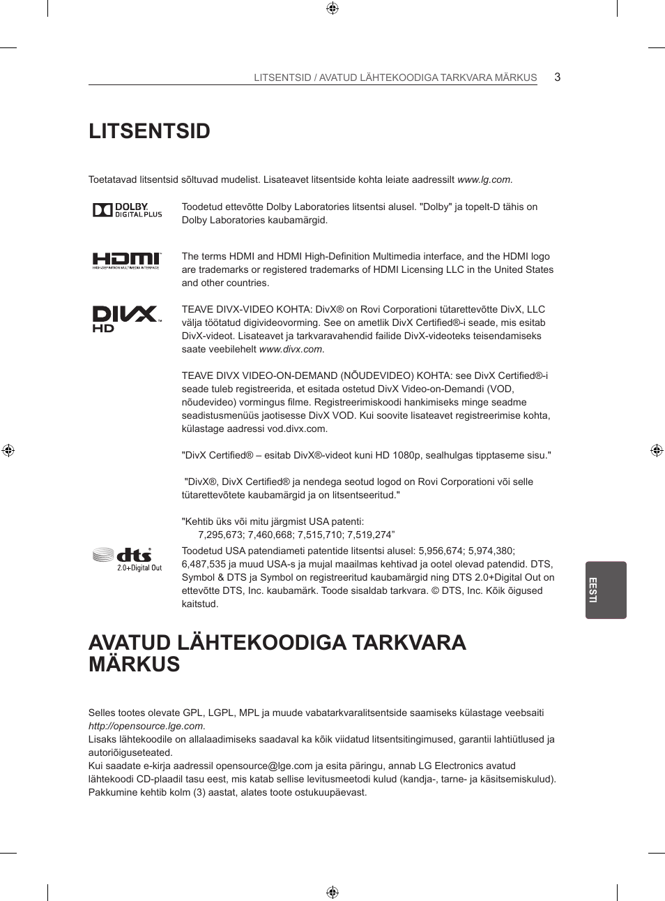 Litsentsid, Avatud lähtekoodiga tarkvara märkus | LG 42LA860V User Manual | Page 259 / 516