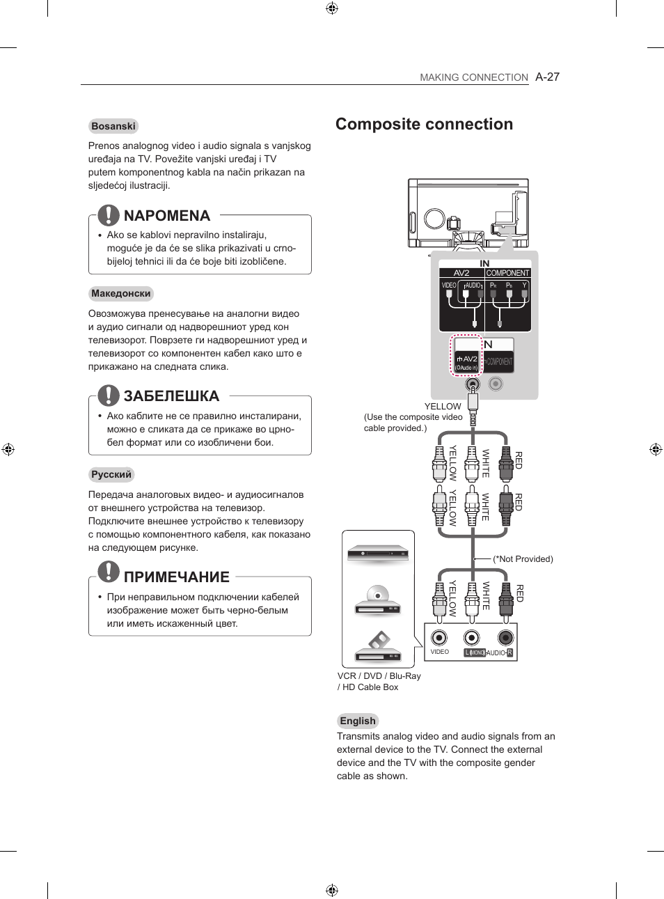 Composite connection, Napomena, Забелешка | Примечание, A-27 | LG 42LA860V User Manual | Page 27 / 516