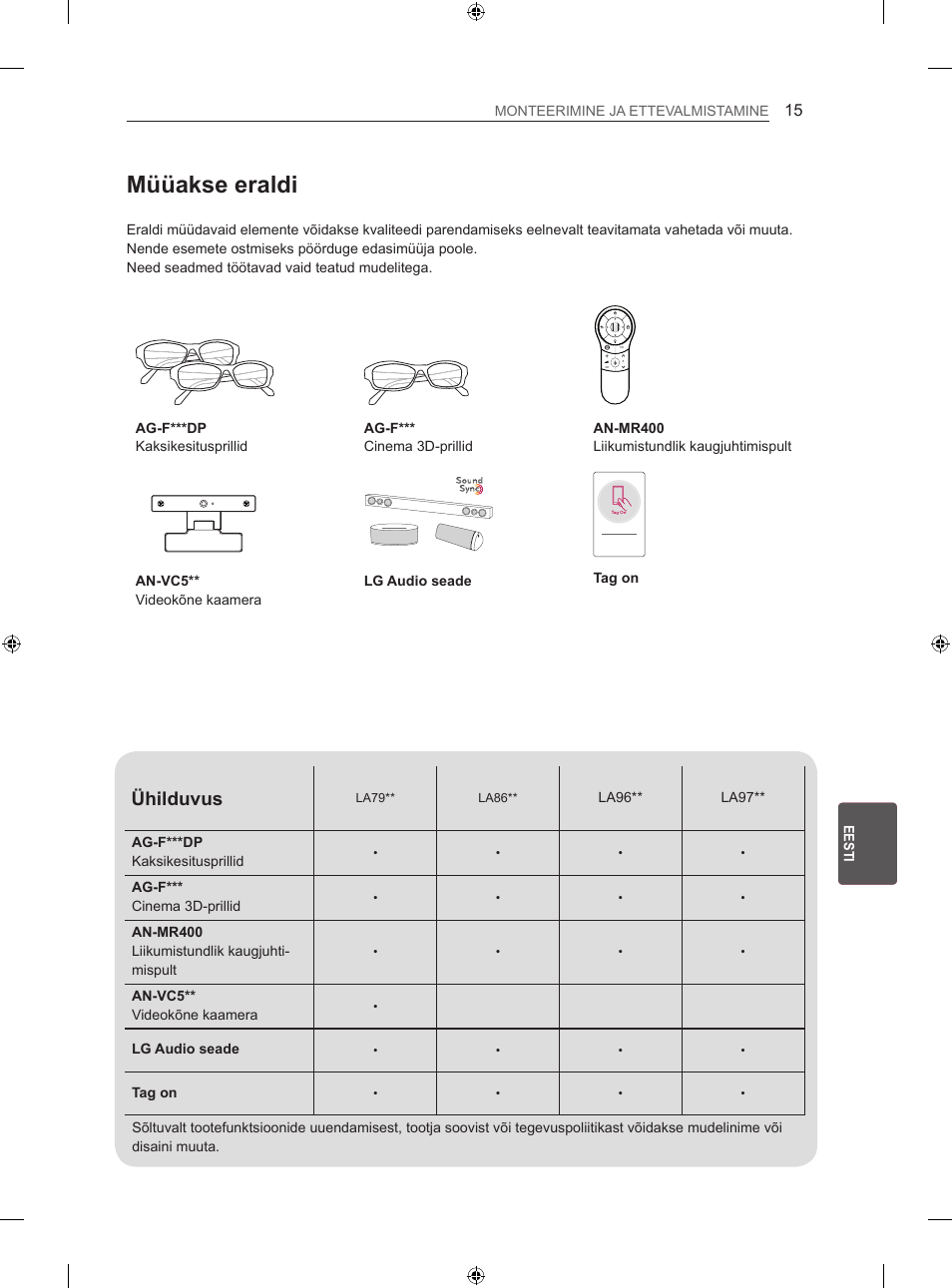 Müüakse eraldi, Ühilduvus | LG 42LA860V User Manual | Page 271 / 516