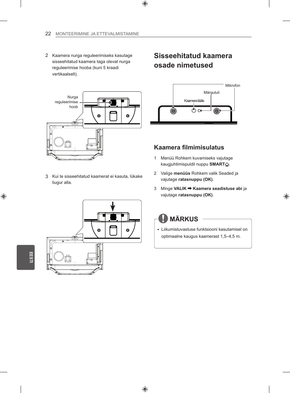 Sisseehitatud kaamera osade nimetused, Märkus, Kaamera filmimisulatus | LG 42LA860V User Manual | Page 278 / 516