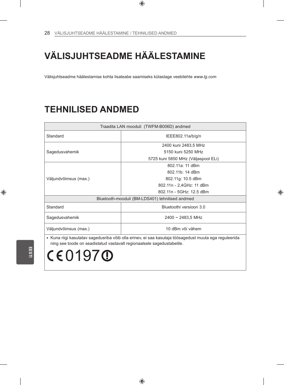 Tehnilised andmed, Välisjuhtseadme häälestamine | LG 42LA860V User Manual | Page 284 / 516