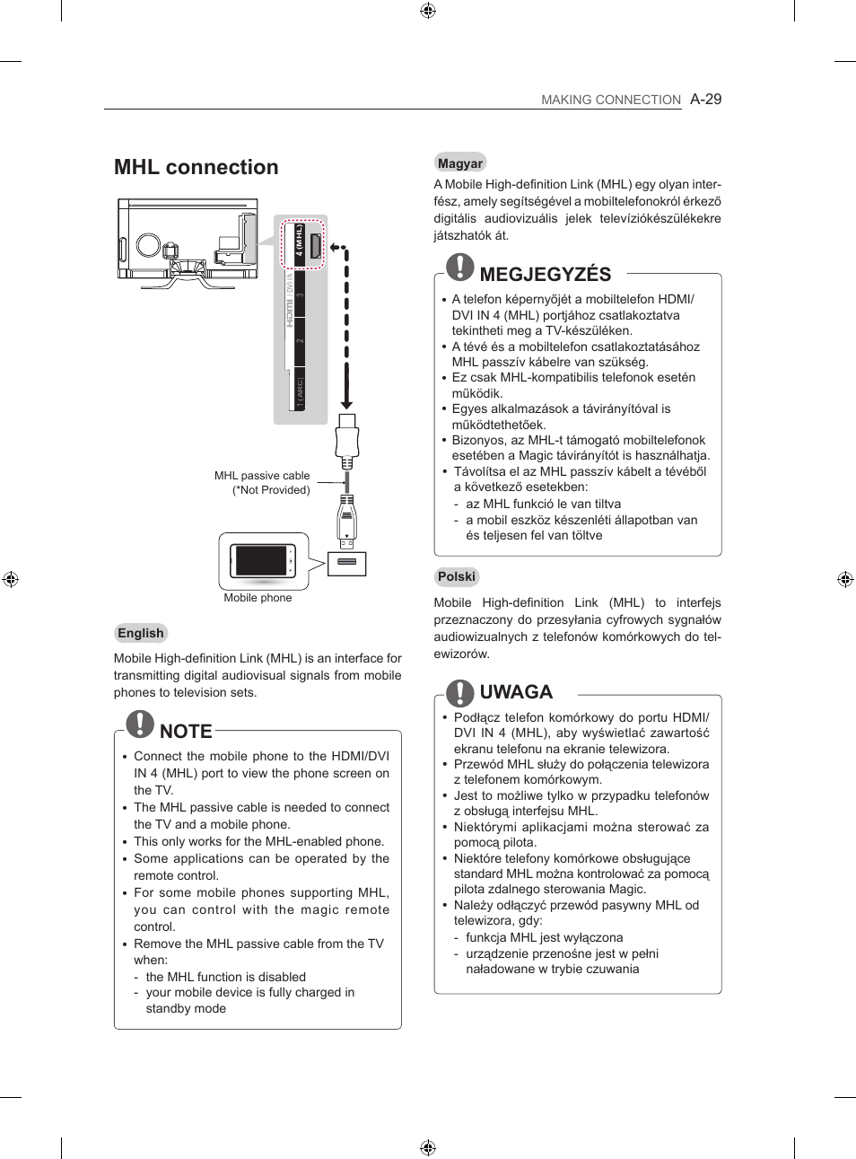 Mhl connection, Megjegyzés, Uwaga | LG 42LA860V User Manual | Page 29 / 516