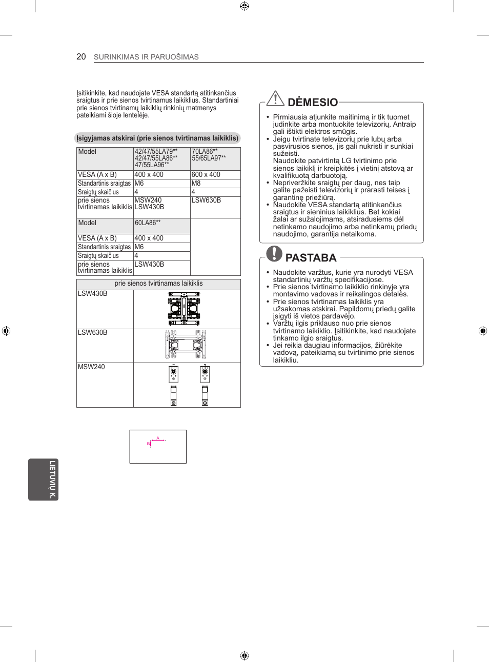 Dėmesio, Pastaba | LG 42LA860V User Manual | Page 304 / 516