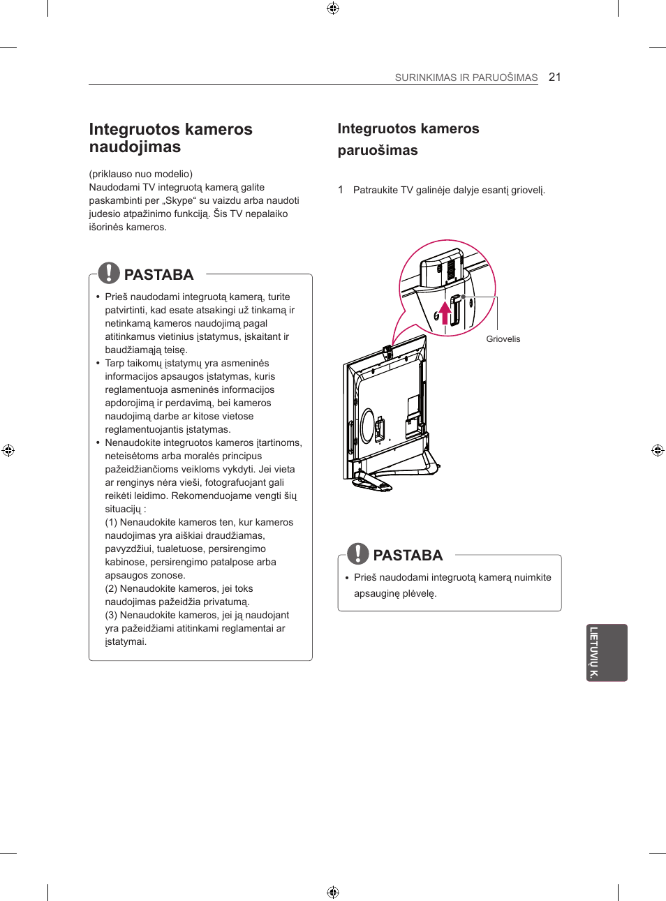 Integruotos kameros naudojimas, Pastaba, Integruotos kameros paruošimas | LG 42LA860V User Manual | Page 305 / 516