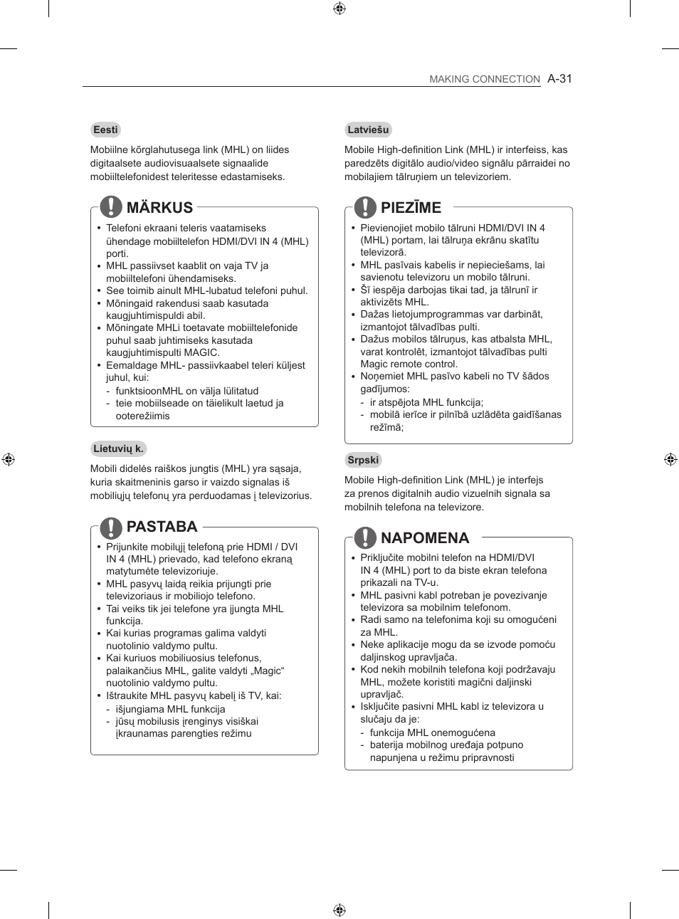 Märkus, Pastaba, Piezīme | Napomena | LG 42LA860V User Manual | Page 31 / 516