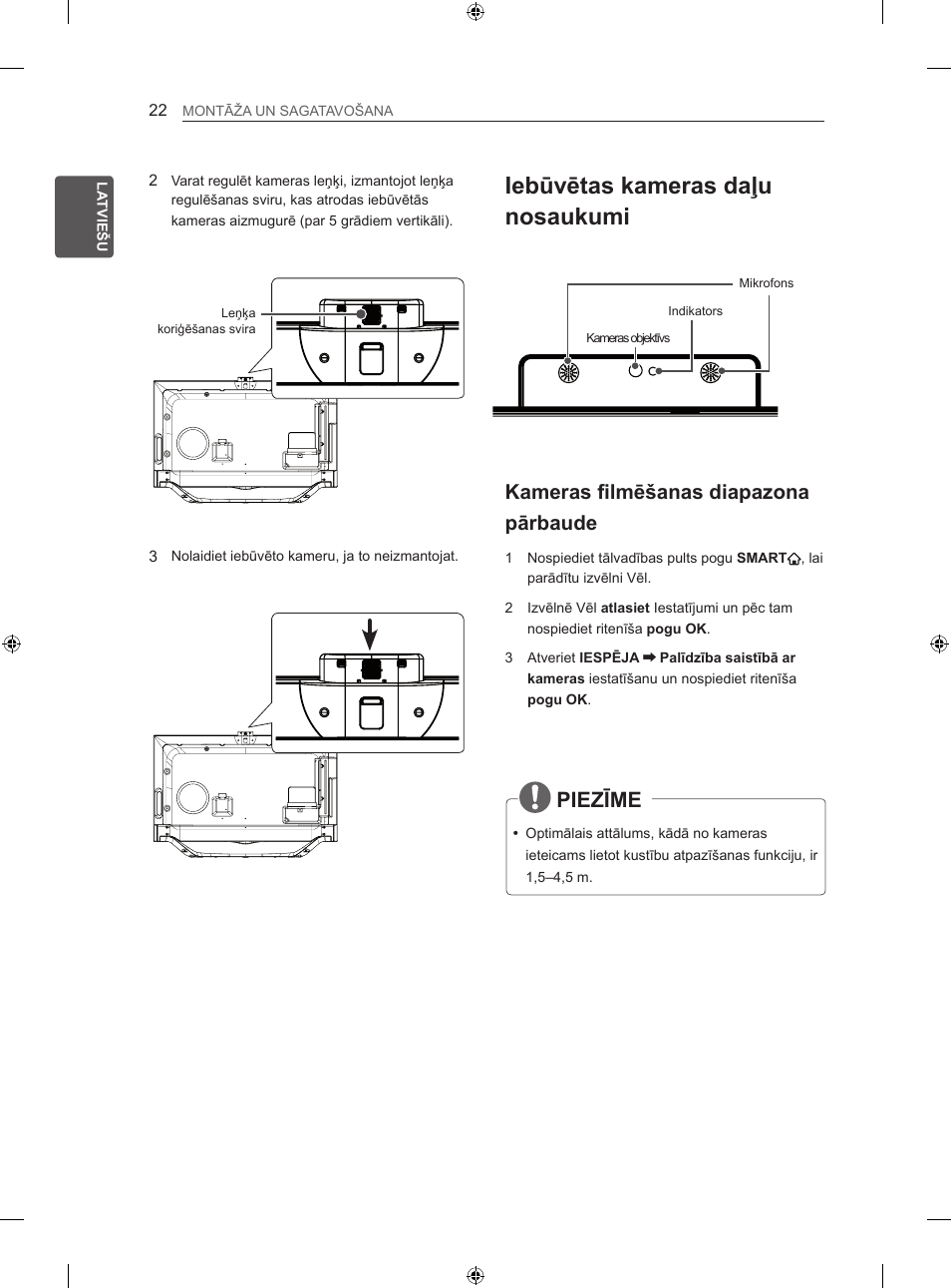 Iebūvētas kameras daļu nosaukumi, Piezīme, Kameras filmēšanas diapazona pārbaude | LG 42LA860V User Manual | Page 334 / 516