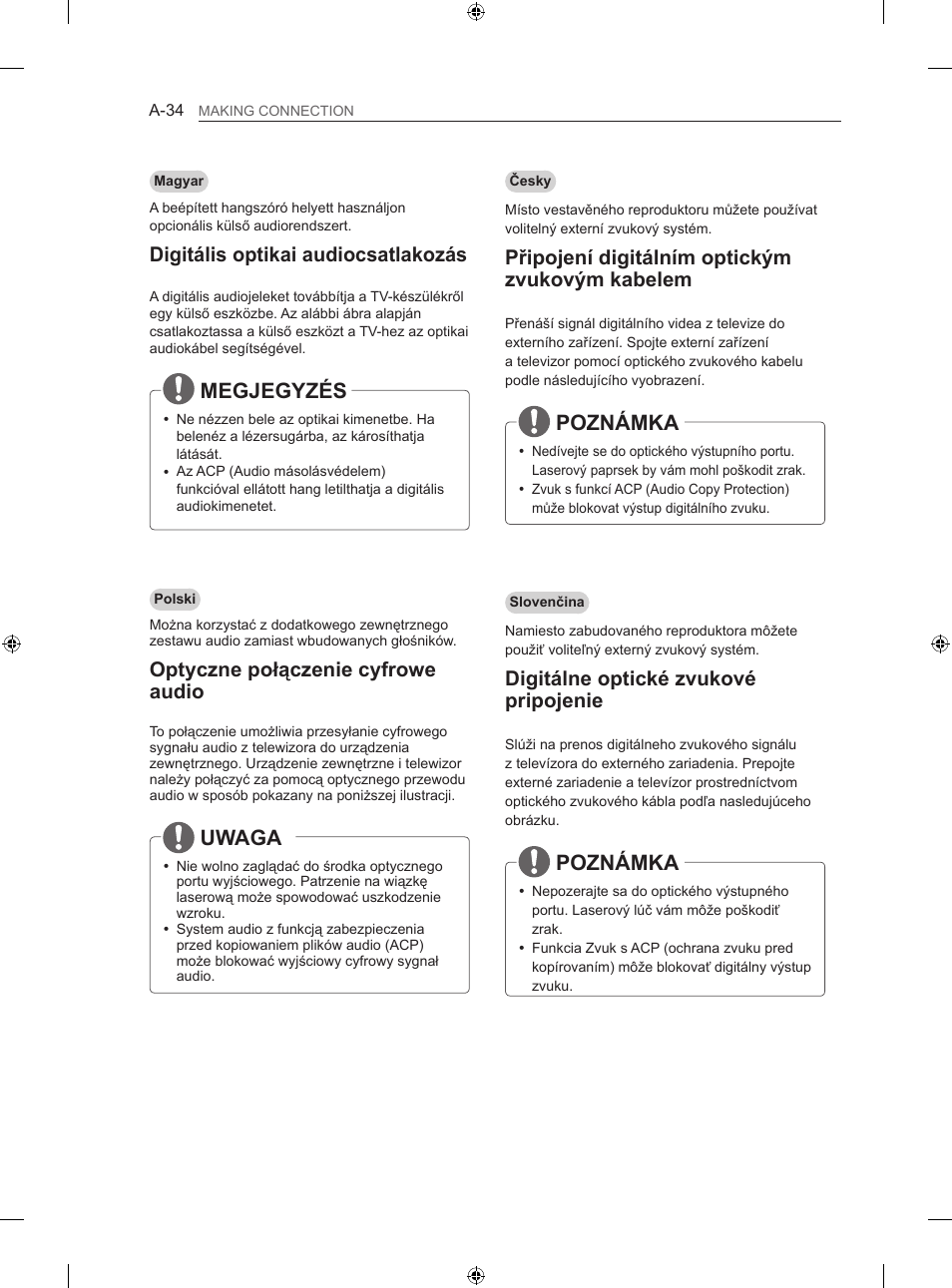 Poznámka, Megjegyzés, Uwaga | Připojení digitálním optickým zvukovým kabelem, Digitálne optické zvukové pripojenie, Digitális optikai audiocsatlakozás, Optyczne połączenie cyfrowe audio | LG 42LA860V User Manual | Page 34 / 516