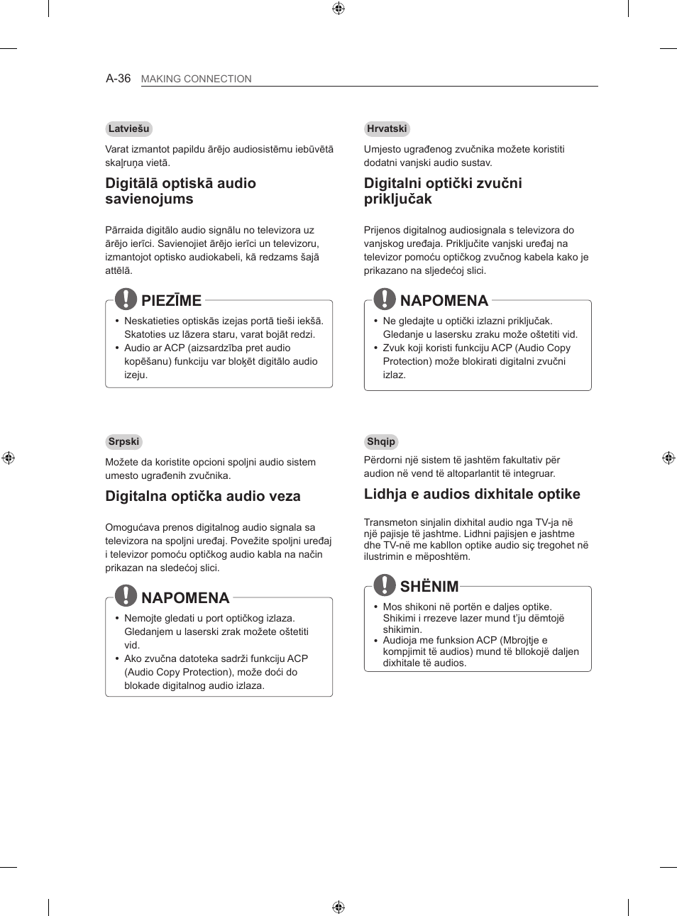 Napomena, Shënim, Piezīme | Digitalni optički zvučni priključak, Lidhja e audios dixhitale optike, Digitālā optiskā audio savienojums, Digitalna optička audio veza | LG 42LA860V User Manual | Page 36 / 516