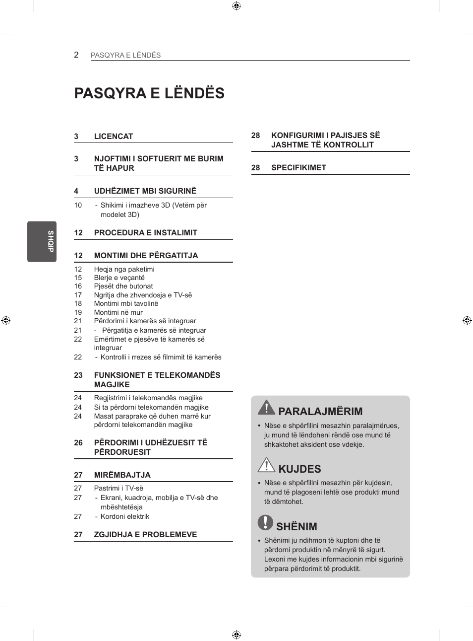 Pasqyra e lëndës, Paralajmërim, Kujdes | Shënim | LG 42LA860V User Manual | Page 398 / 516