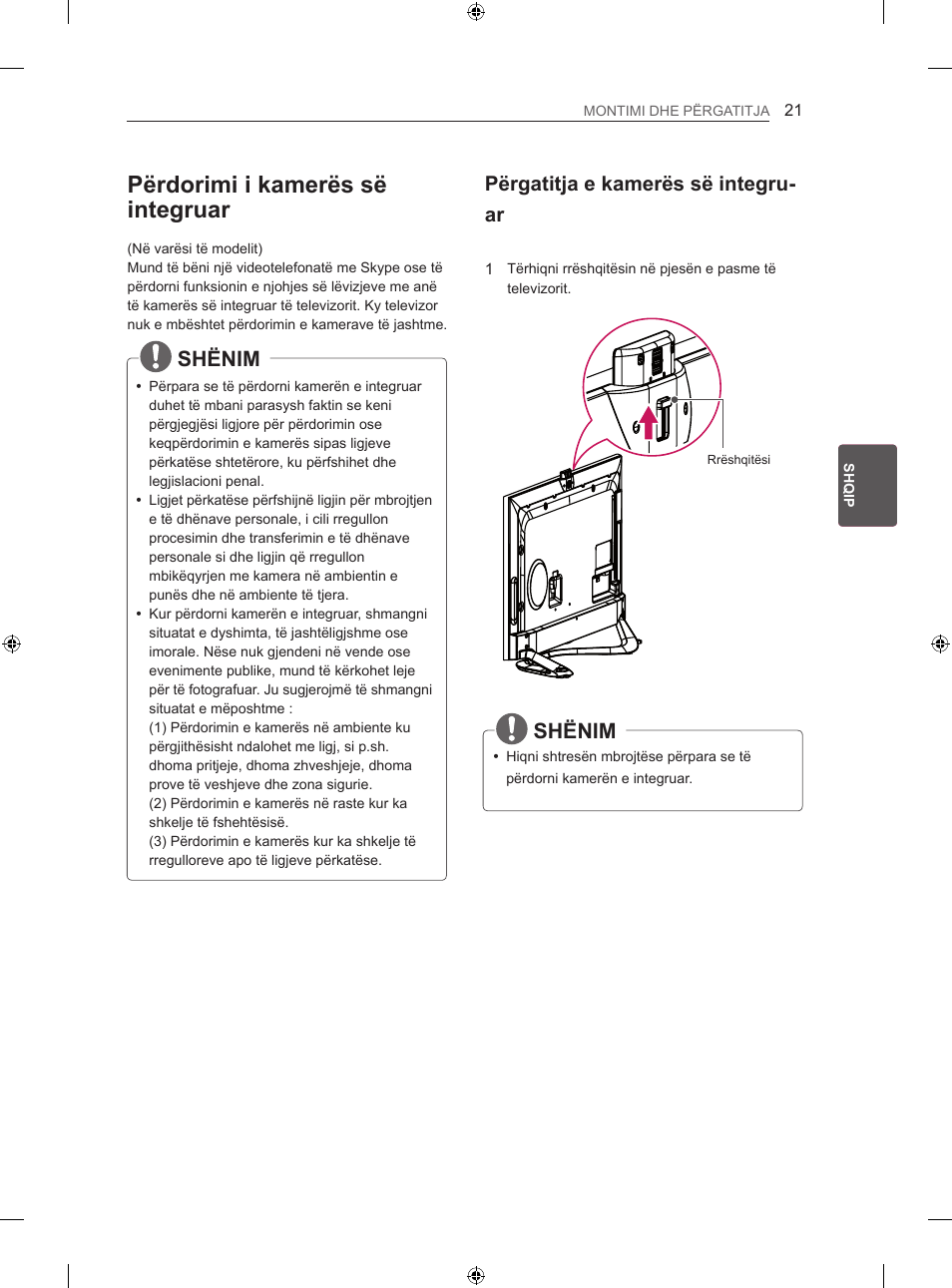 Përdorimi i kamerës së integruar, Shënim, Përgatitja e kamerës së integru- ar | LG 42LA860V User Manual | Page 417 / 516