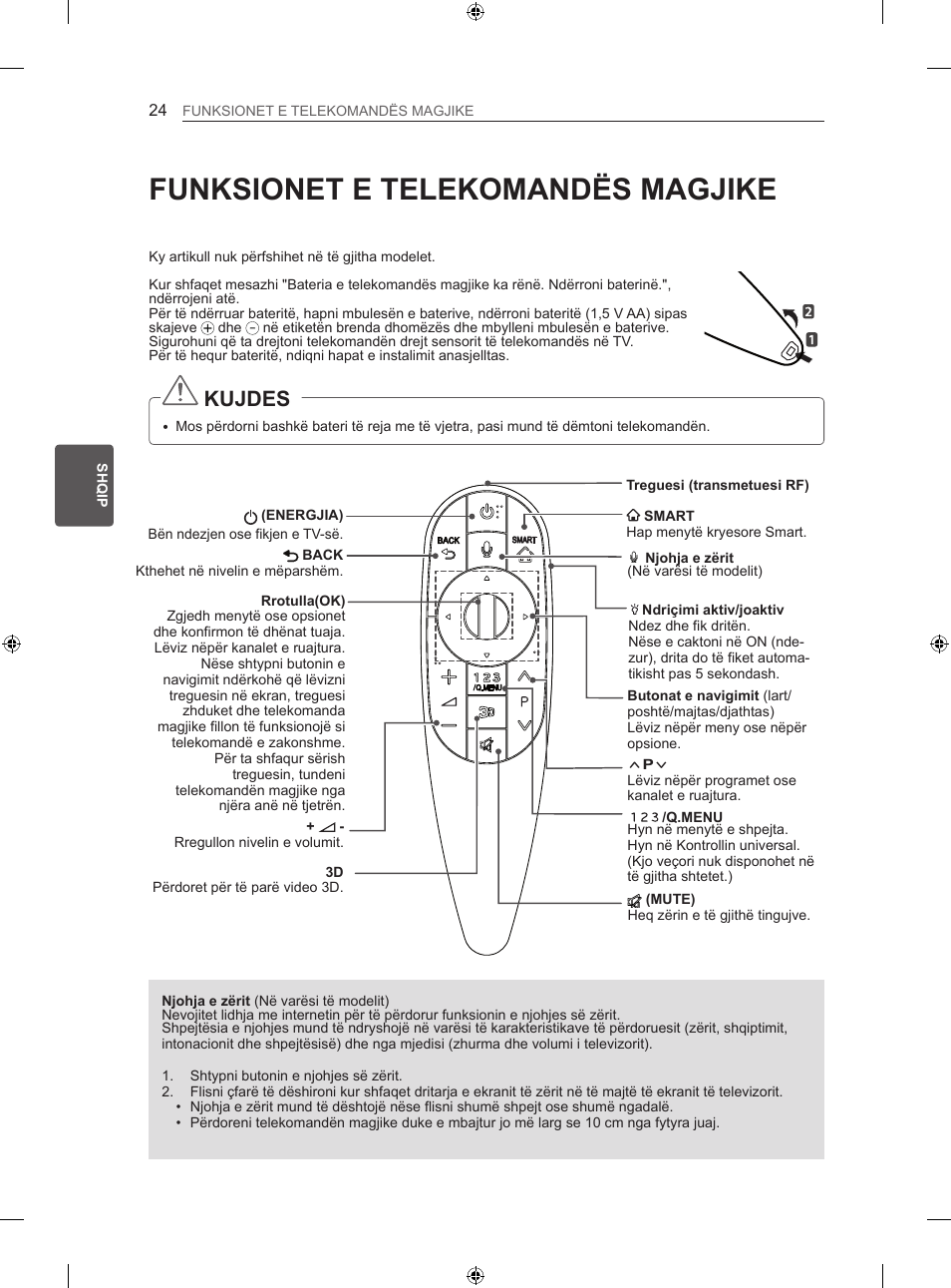 Funksionet e telekomandës magjike, Kujdes | LG 42LA860V User Manual | Page 420 / 516