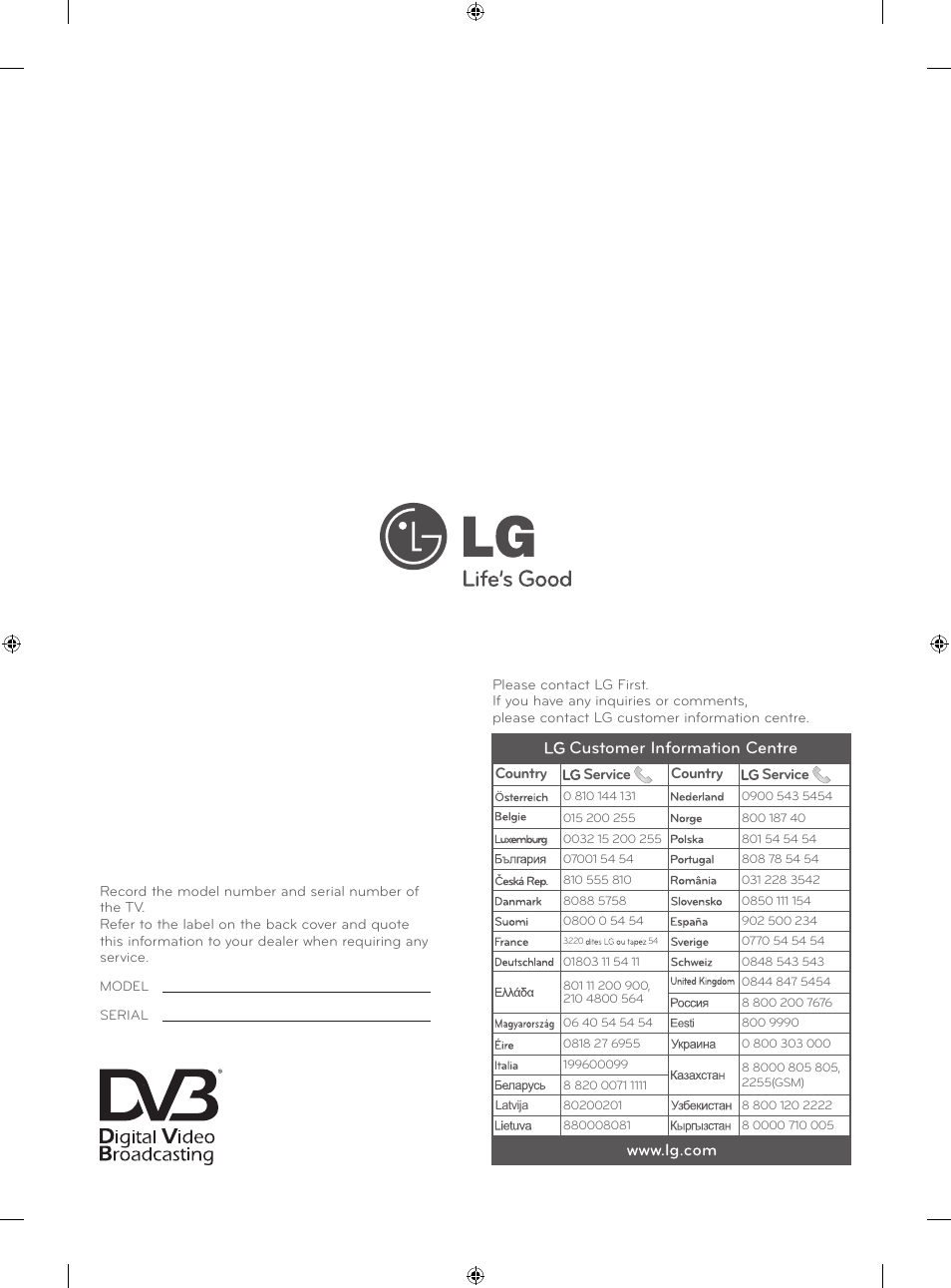 Customer information centre | LG 42LA860V User Manual | Page 516 / 516