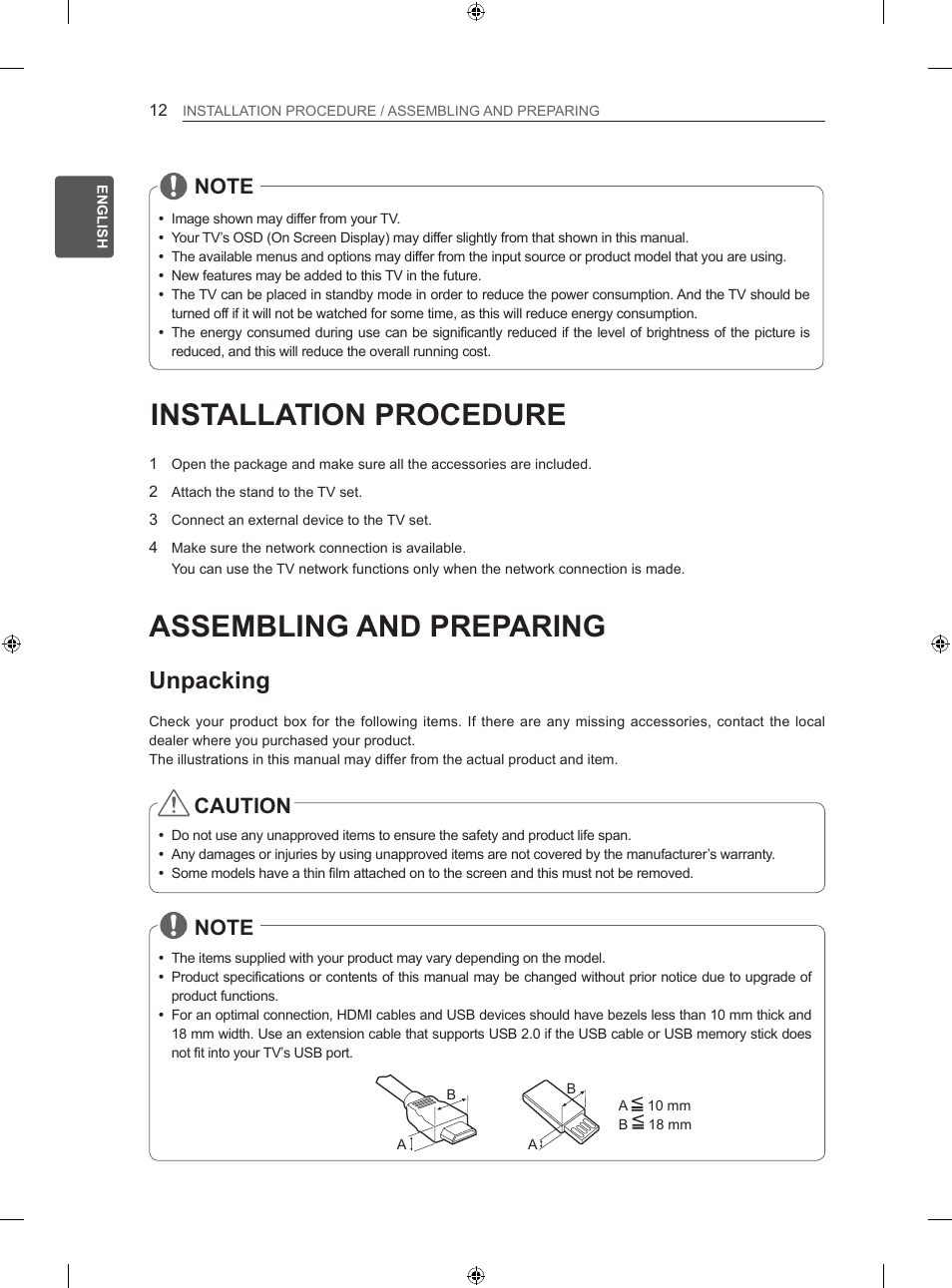 Installation procedure, Assembling and preparing, Unpacking | Caution | LG 42LA860V User Manual | Page 72 / 516