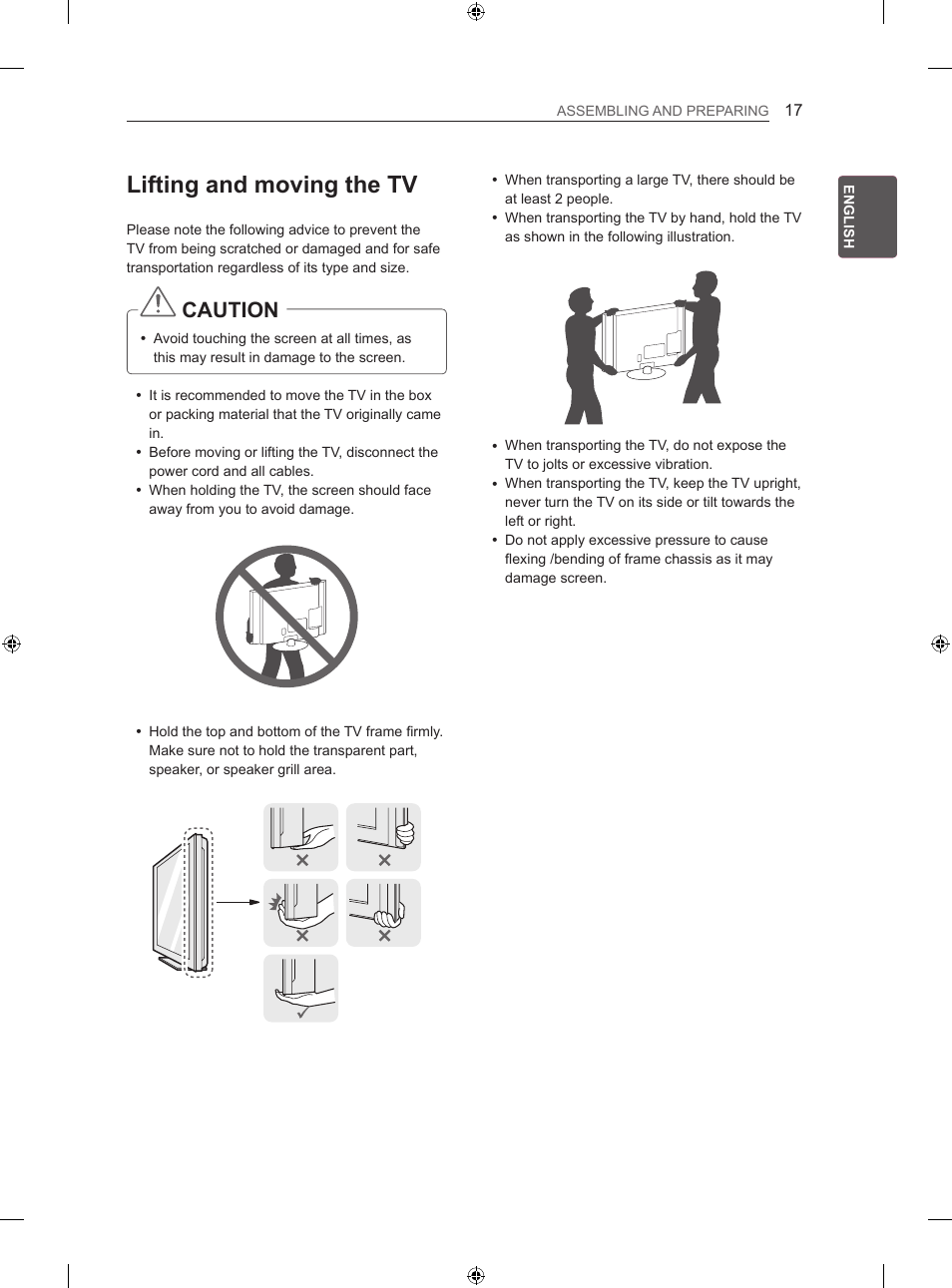 Lifting and moving the tv, Caution | LG 42LA860V User Manual | Page 77 / 516