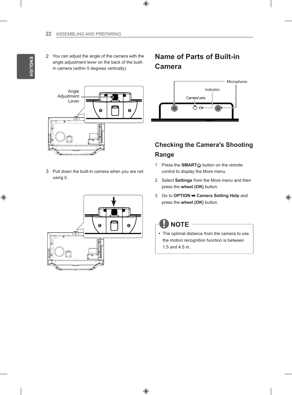 Name of parts of built-in camera, Checking the camera's shooting range | LG 42LA860V User Manual | Page 82 / 516