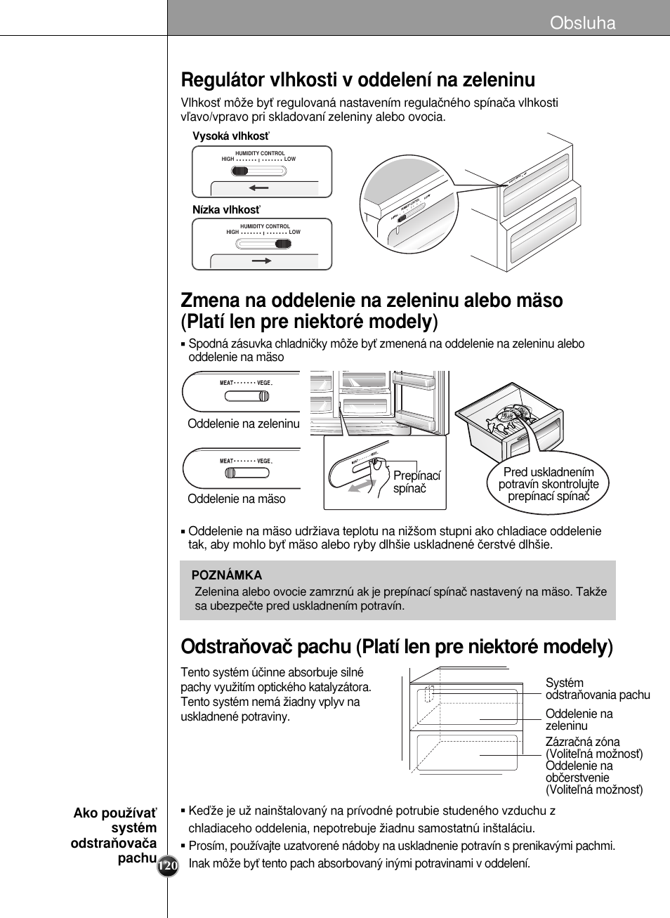 Regulátor vlhkosti v oddelení na zeleninu, Odstraàovaã pachu (platí len pre niektoré modely), Obsluha | Ako pouïívaè systém odstraàovaãa pachu | LG GR-L227YLQA User Manual | Page 120 / 132