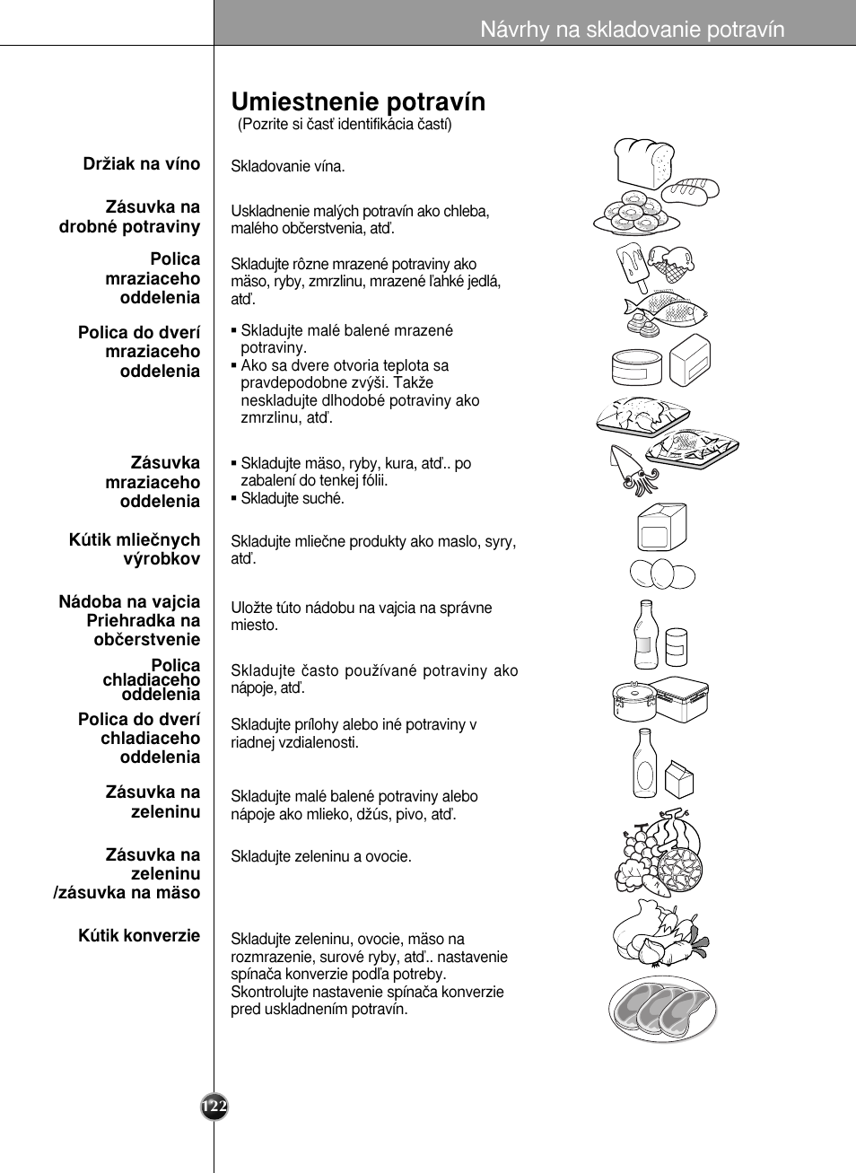 Umiestnenie potravín, Návrhy na skladovanie potravín | LG GR-L227YLQA User Manual | Page 122 / 132