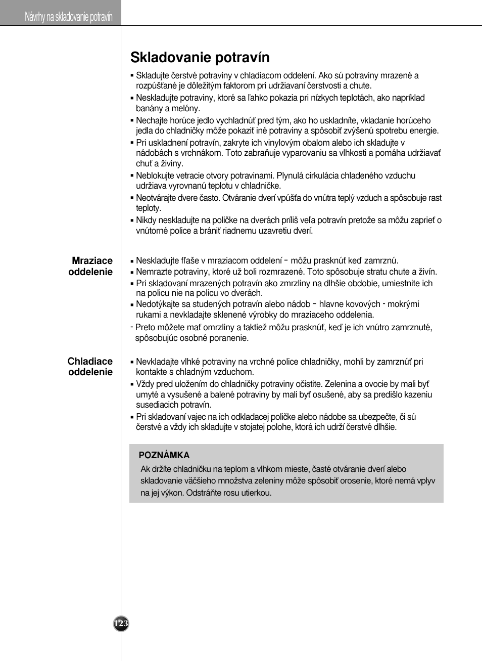 Skladovanie potravín, Návrhy na skladovanie potravín | LG GR-L227YLQA User Manual | Page 123 / 132