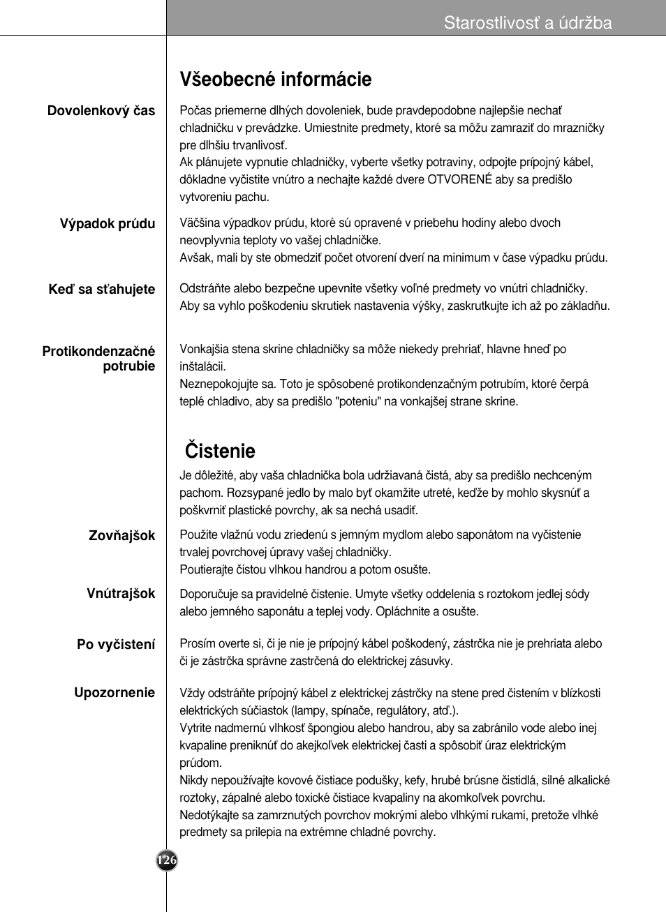 V‰eobecné informácie âistenie, Starostlivosè a údrïba | LG GR-L227YLQA User Manual | Page 126 / 132