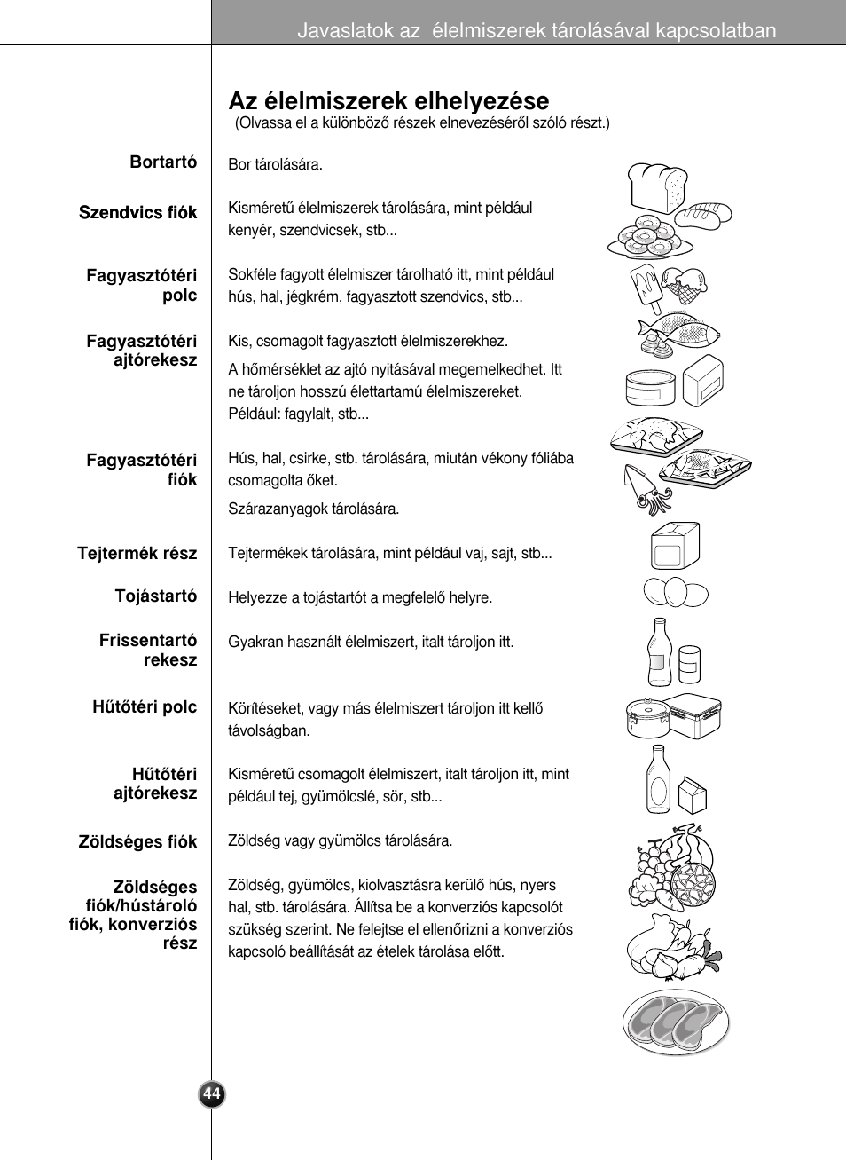 Az élelmiszerek elhelyezése | LG GR-L227YLQA User Manual | Page 44 / 132