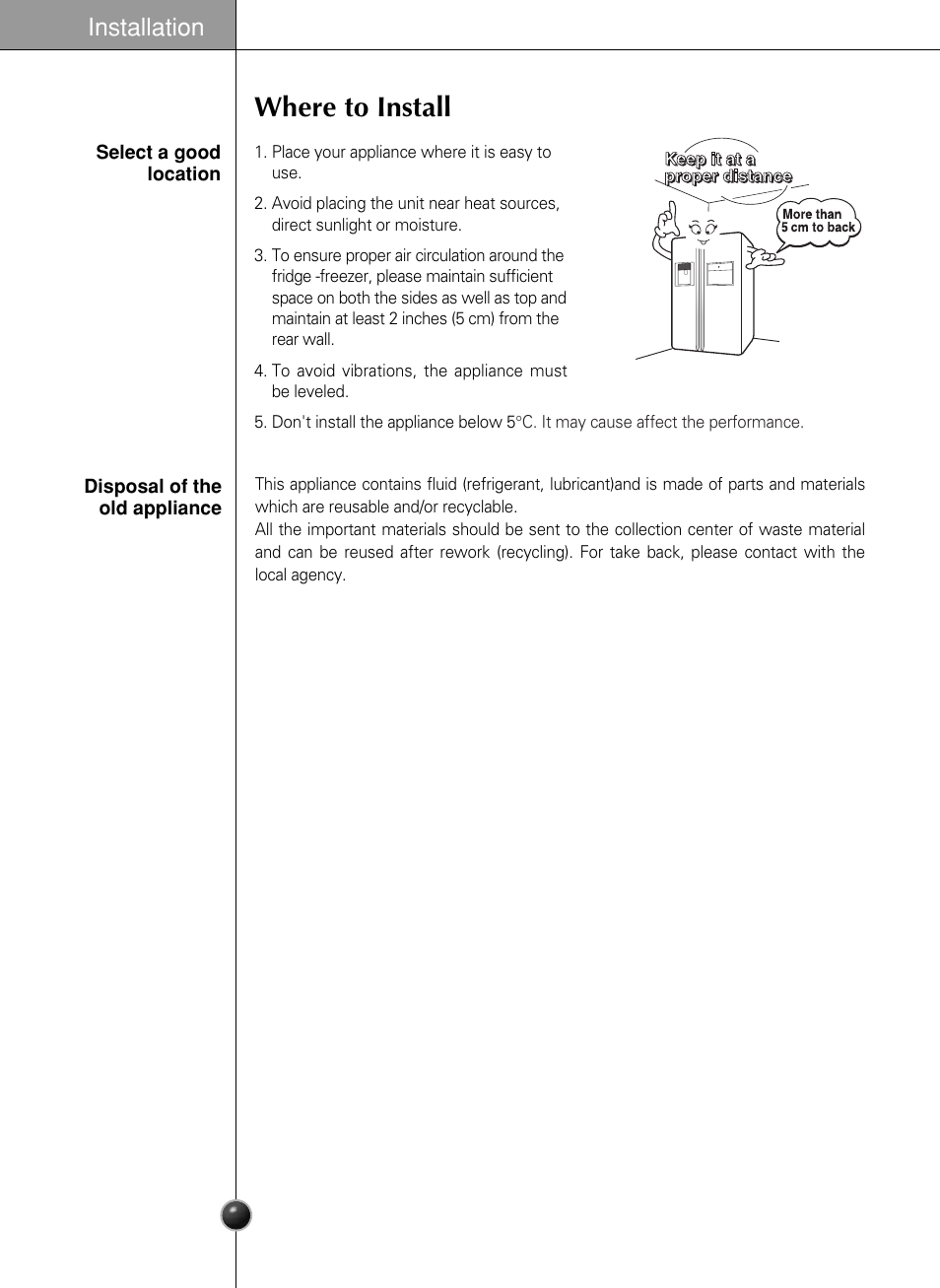 Where to install, Installation | LG GR-L227YLQA User Manual | Page 5 / 132