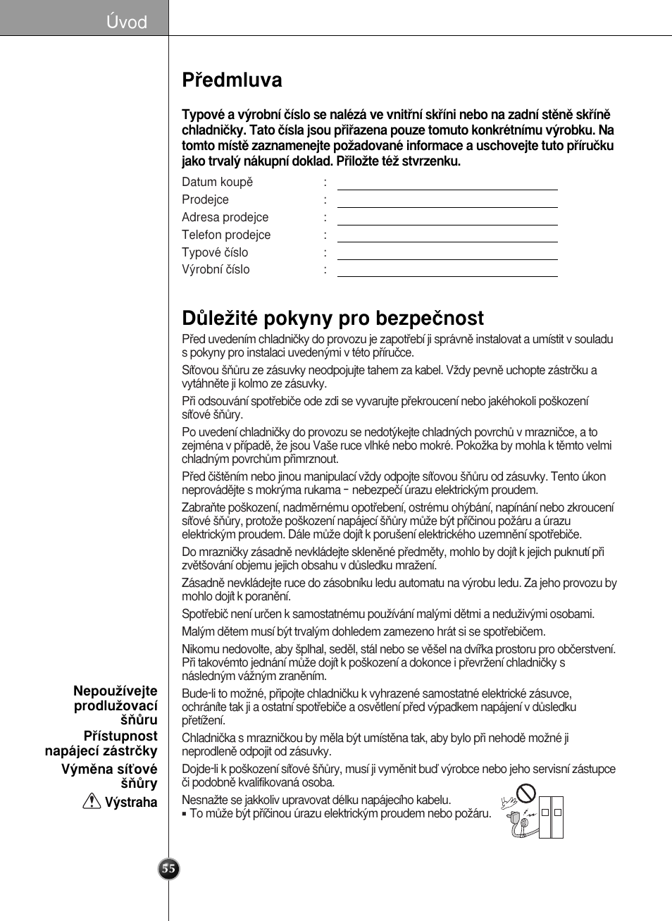 Pﬁedmluva, Dûleïité pokyny pro bezpeãnost, Úvod | LG GR-L227YLQA User Manual | Page 55 / 132