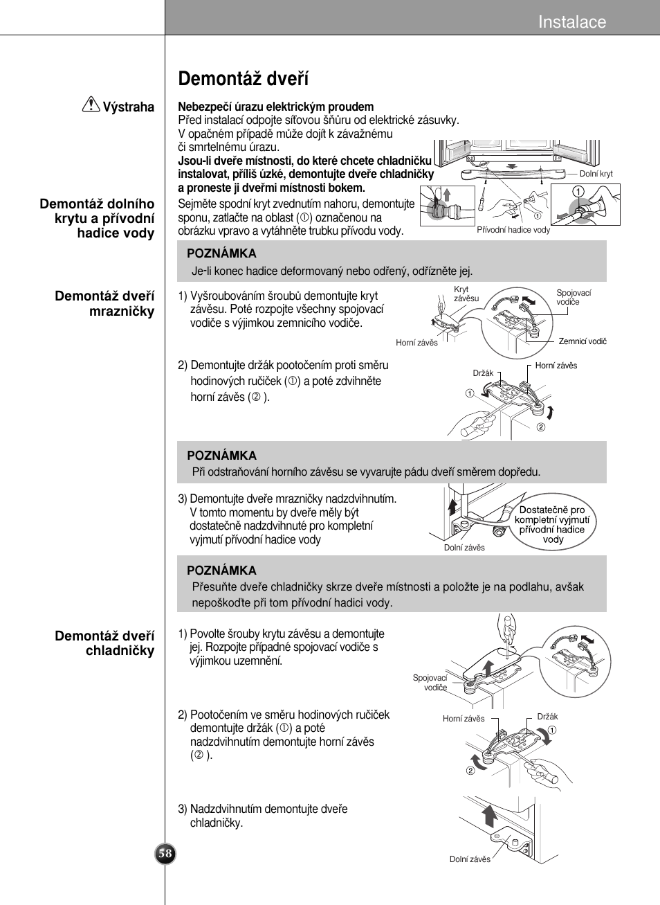 Demontáï dveﬁí, Instalace | LG GR-L227YLQA User Manual | Page 58 / 132