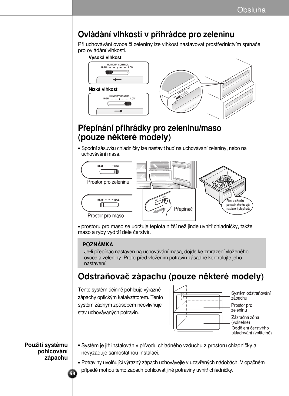 Ovládání vlhkosti v pﬁihrádce pro zeleninu, Odstraàovaã zápachu (pouze nûkteré modely), Obsluha | Pouïití systému pohlcování zápachu | LG GR-L227YLQA User Manual | Page 68 / 132