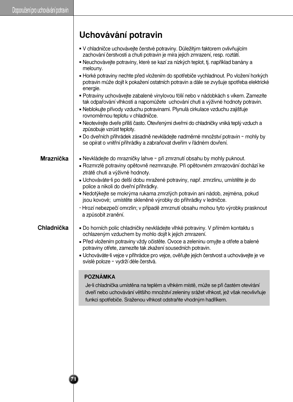 Uchovávání potravin, Doporuãení pro uchovávání potravin | LG GR-L227YLQA User Manual | Page 71 / 132