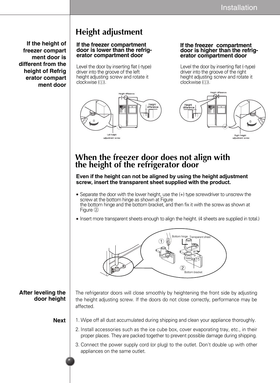 Height adjustment, Installation | LG GR-L227YLQA User Manual | Page 8 / 132