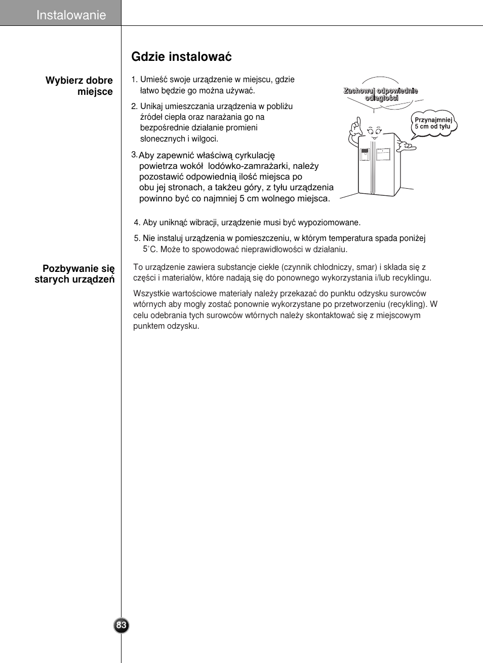 Instalowanie, Gdzie instalowaç | LG GR-L227YLQA User Manual | Page 83 / 132