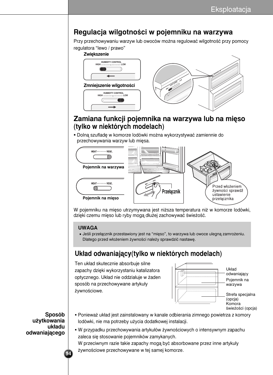 Uk∏ad odwaniajàcy(tylko w niektórych modelach), Sposób u˝ytkowania uk∏adu odwaniajàcego, Prze∏àcznik | LG GR-L227YLQA User Manual | Page 94 / 132