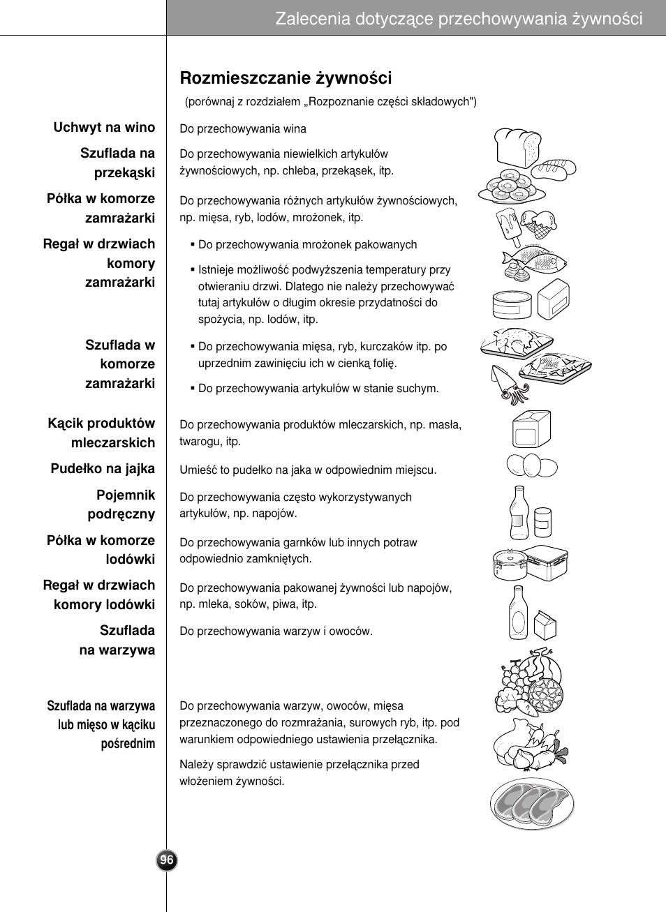 Zalecenia dotyczàce przechowywania ˝ywnoêci, Rozmieszczanie ˝ywnoêci | LG GR-L227YLQA User Manual | Page 96 / 132