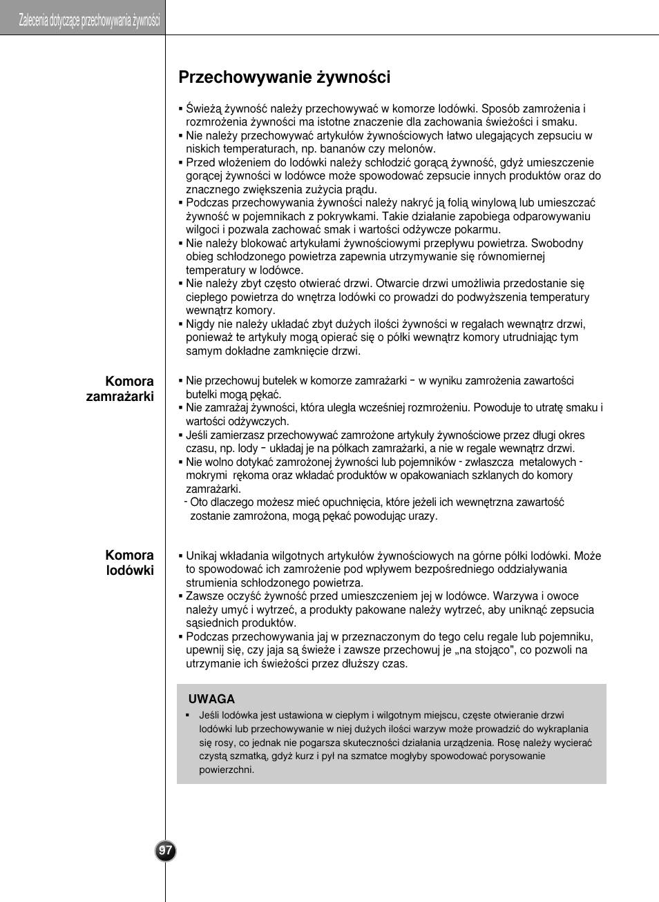 Przechowywanie ˝ywnoêci, Zalecenia dotyczàce przechowywania ˝ywnoêci | LG GR-L227YLQA User Manual | Page 97 / 132