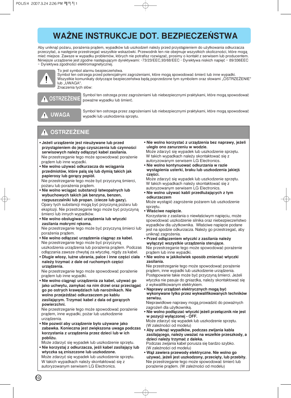 Wa˚ne instrukcje dot. bezpiecze¡stwa, Ostrze˚enie, Ostrze˚enie uwaga | LG VC6818NRTQ User Manual | Page 11 / 27