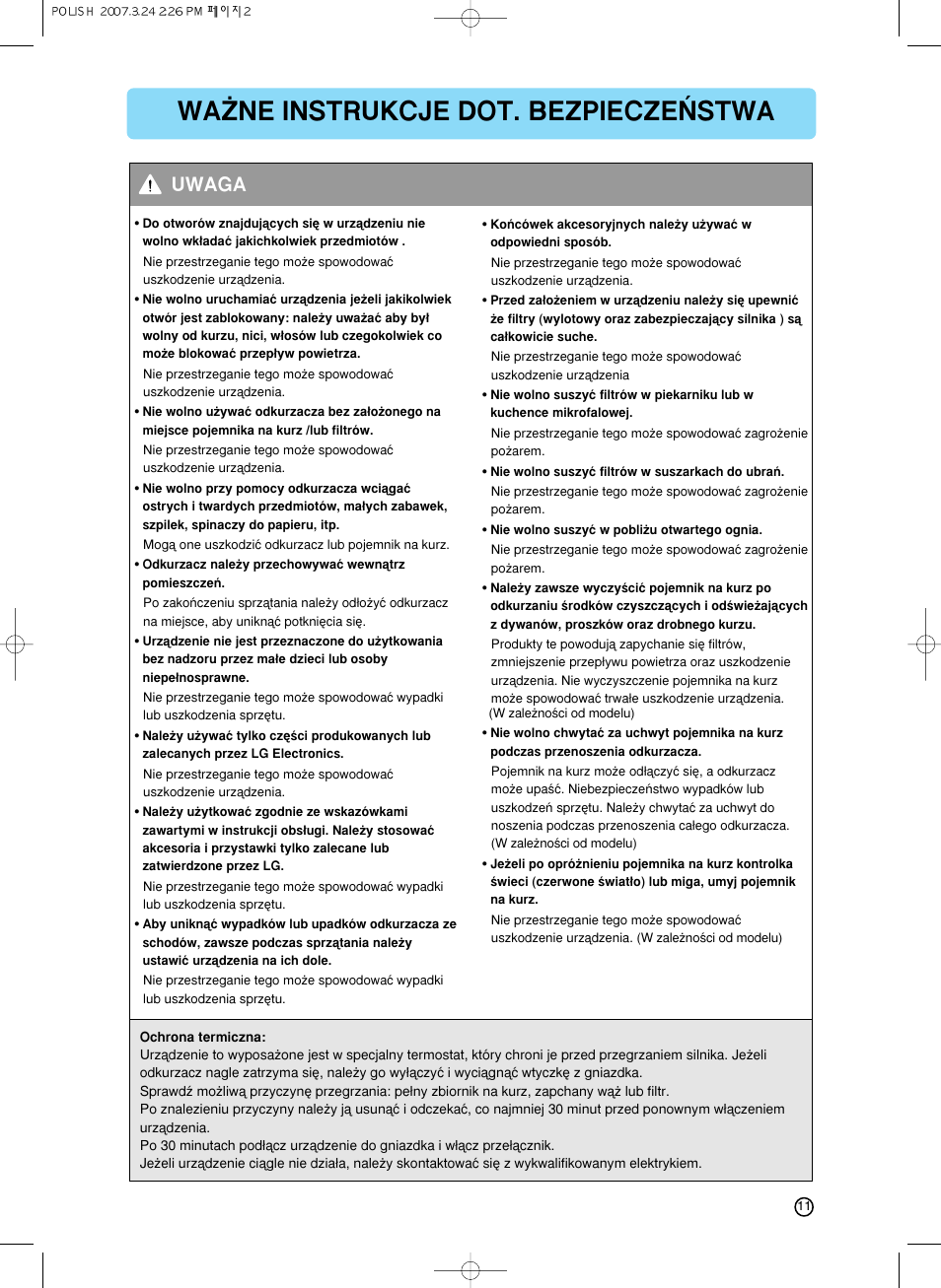 Wa˚ne instrukcje dot. bezpiecze¡stwa, Uwaga | LG VC6818NRTQ User Manual | Page 12 / 27