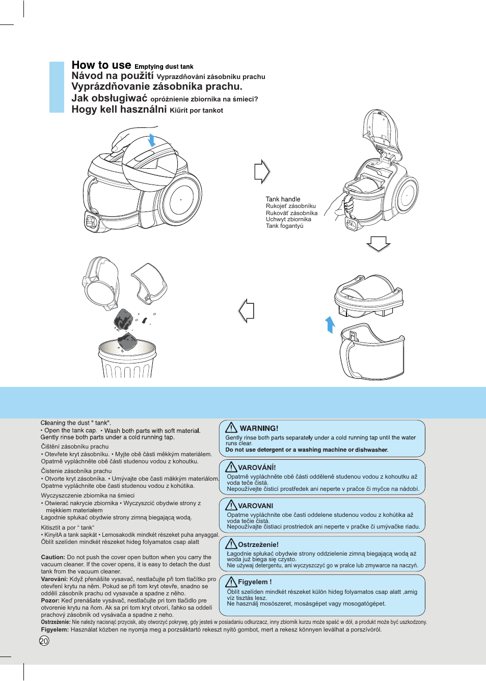 Návod na použití, Vyprázdňovanie zásobníka prachu. jak obsługiwać, Hogy kell használni | LG VC6818NRTQ User Manual | Page 21 / 27