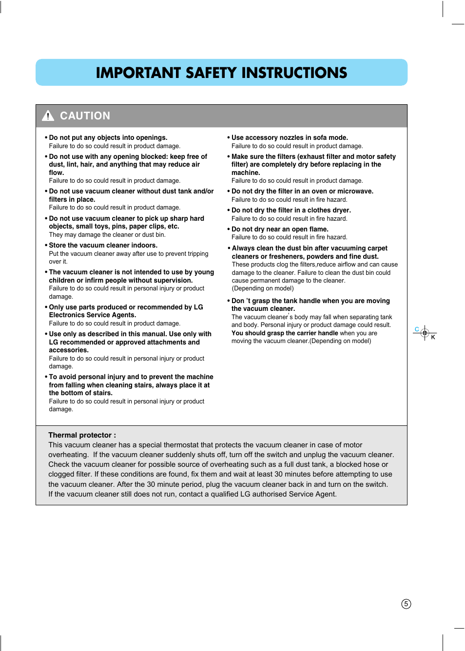 Important safety instructions, Caution | LG VC6818NRTQ User Manual | Page 6 / 27