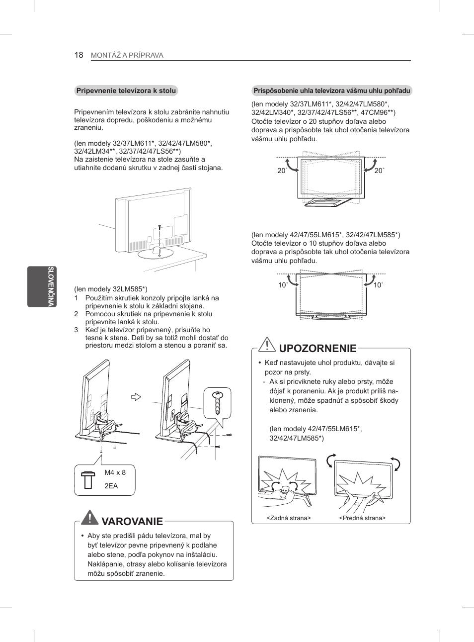 Varovanie, Upozornenie | LG 47LM615S User Manual | Page 120 / 441