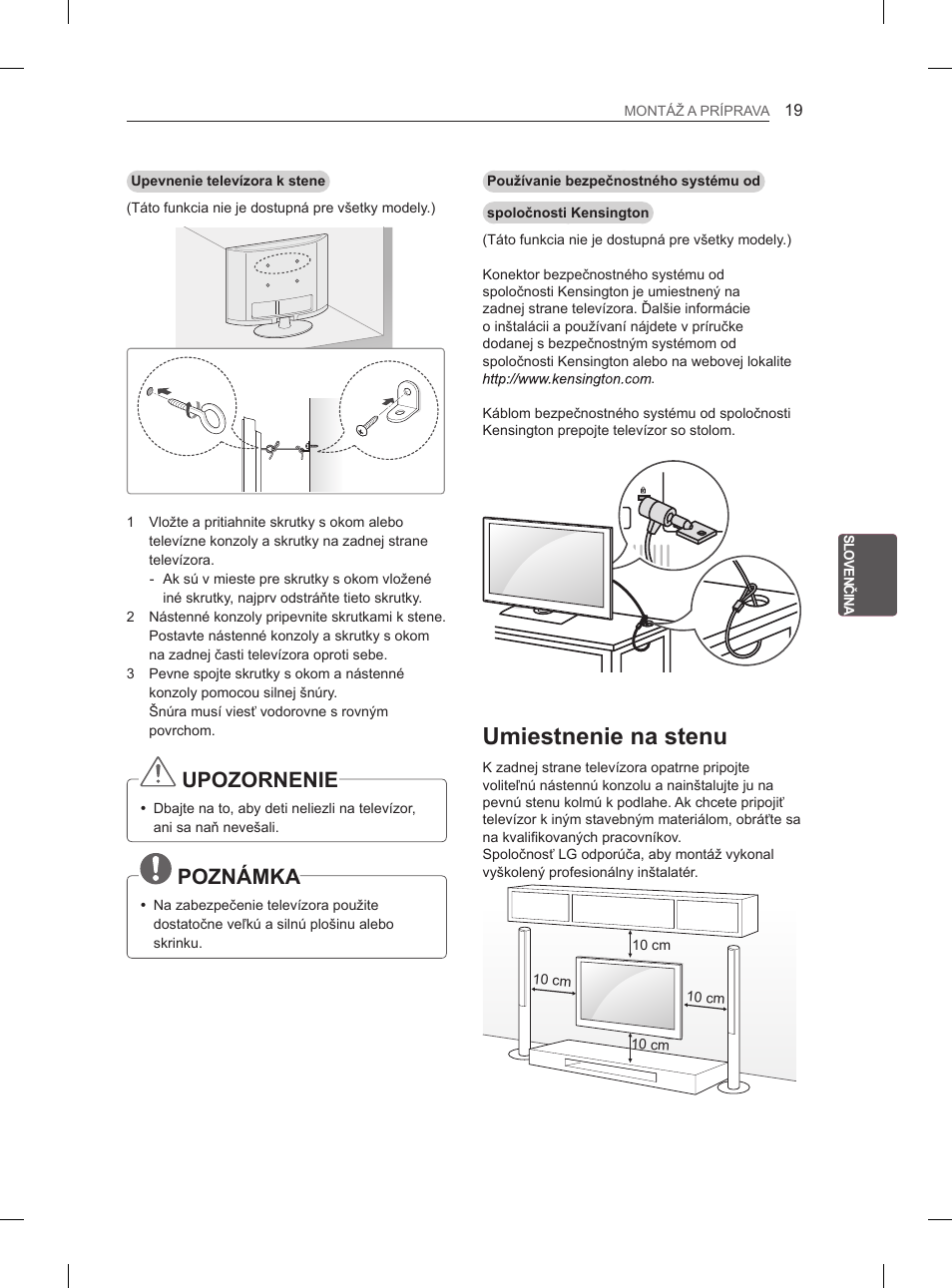 Umiestnenie na stenu, Upozornenie, Poznámka | LG 47LM615S User Manual | Page 121 / 441