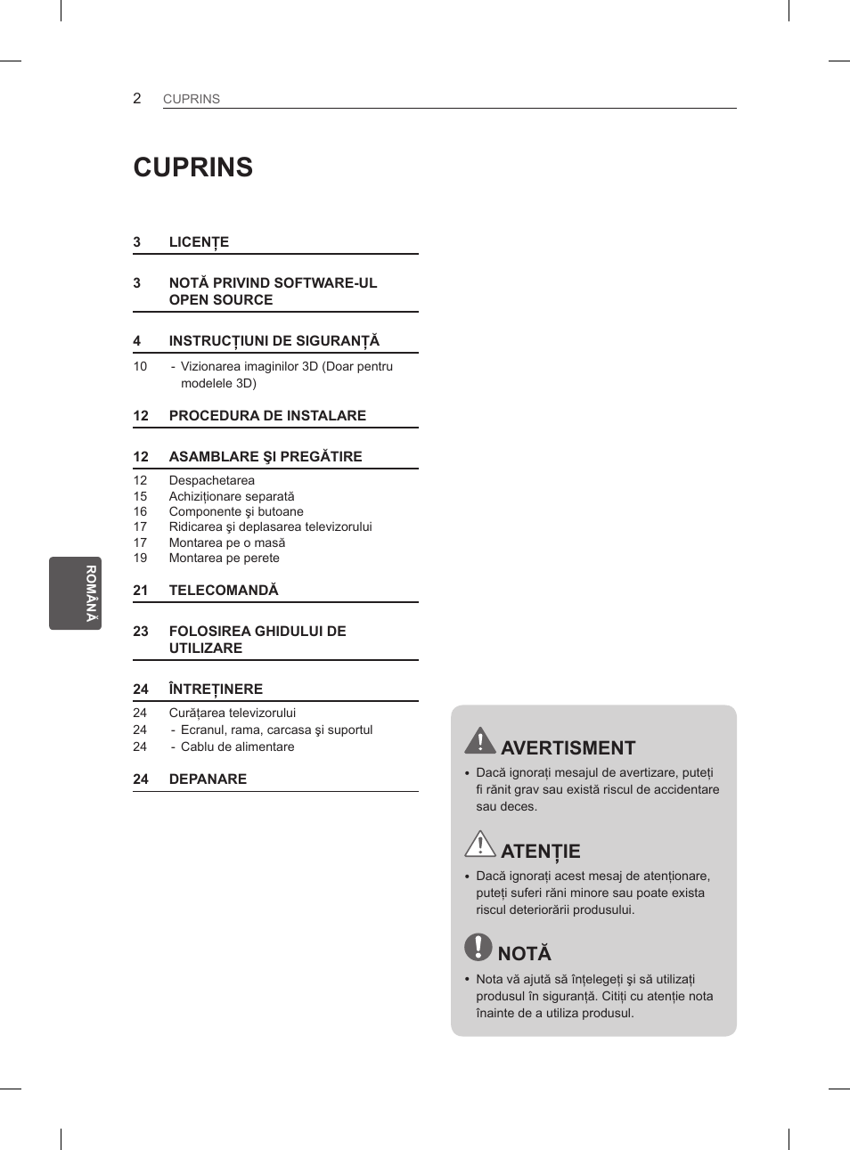 Cuprins, Avertisment, Atenţie | Notă | LG 47LM615S User Manual | Page 128 / 441