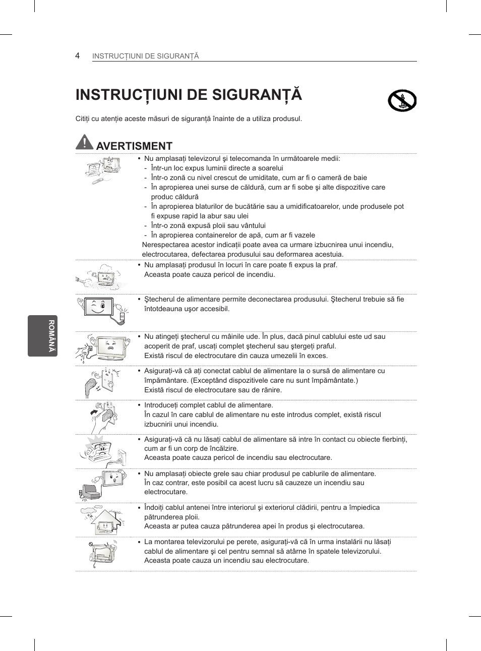 Instrucţiuni de siguranţă, Avertisment | LG 47LM615S User Manual | Page 130 / 441