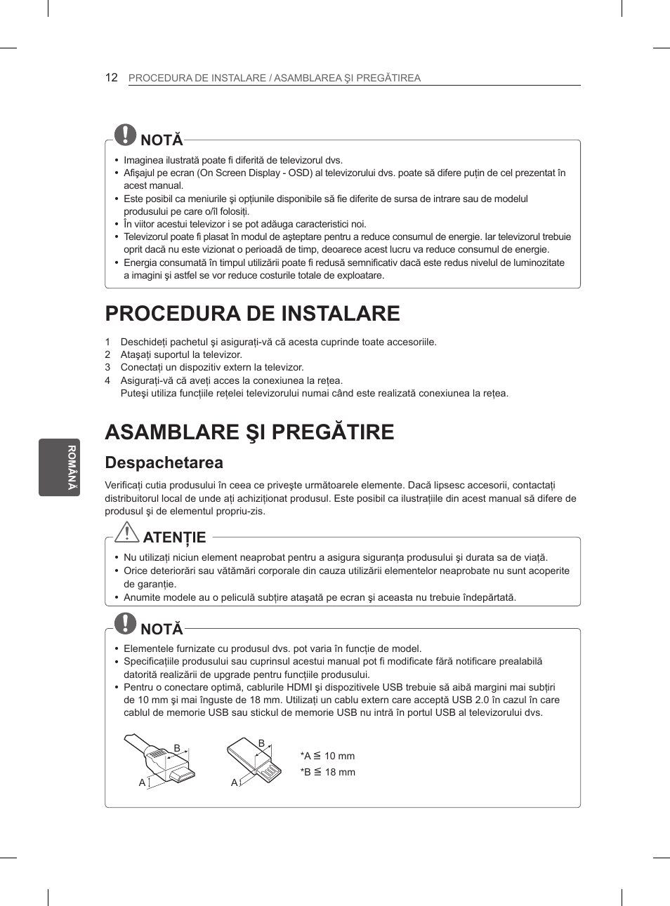 Procedura de instalare, Asamblare şi pregătire, Despachetarea | Notă, Atenţie | LG 47LM615S User Manual | Page 138 / 441