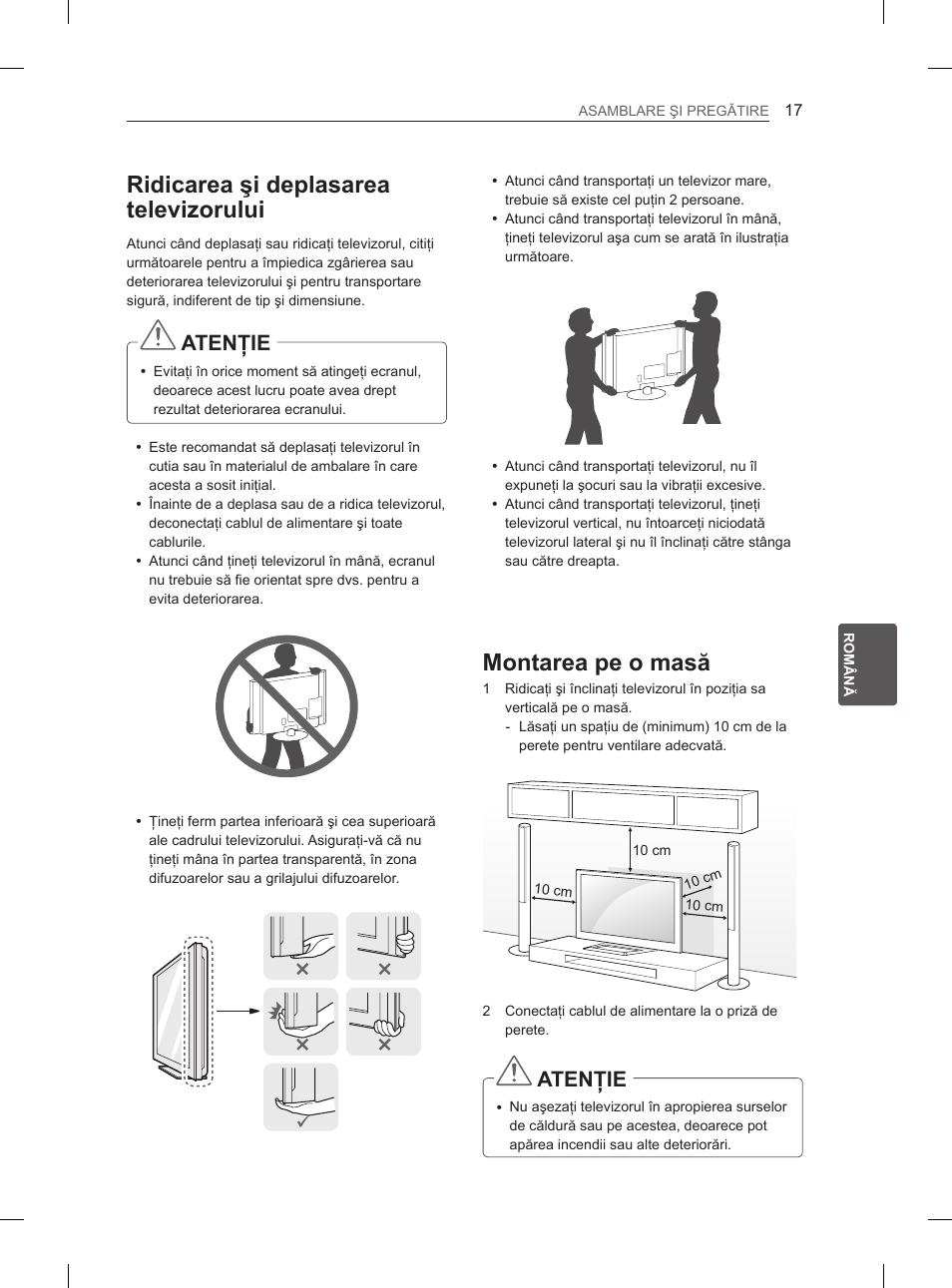 Ridicarea şi deplasarea televizorului, Montarea pe o masă, Atenţie | LG 47LM615S User Manual | Page 143 / 441